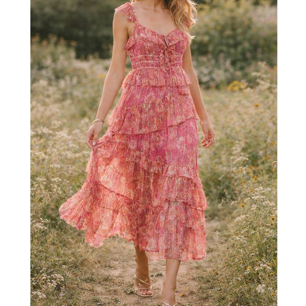 Tularosa Corinne Pink Mara Batik Floral Ruffle Midi Dress Boho Size Large